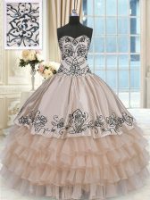 Best Selling Champagne Ball Gowns Beading and Embroidery and Ruffled Layers Quinceanera Dresses Lace Up Organza and Taffeta Sleeveless Floor Length