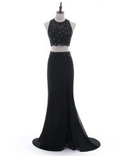  Scoop Sleeveless Brush Train Beading and Lace Side Zipper Prom Party Dress