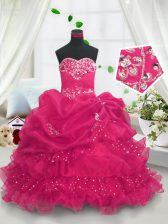 Cute Floor Length Hot Pink Pageant Gowns For Girls Organza Sleeveless Beading and Ruffled Layers and Pick Ups