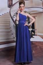  Pleated Floor Length Royal Blue Prom Party Dress One Shoulder Sleeveless Side Zipper