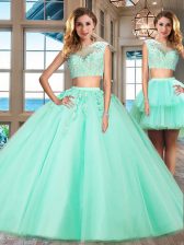 Super Tulle Bateau Cap Sleeves Zipper Appliques Ball Gown Prom Dress in Apple Green