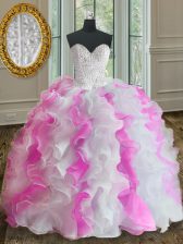  White and Pink Organza Lace Up 15 Quinceanera Dress Sleeveless Floor Length Beading and Ruffles