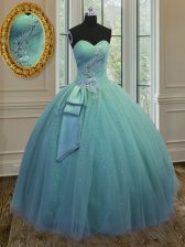  Sleeveless Beading and Ruching and Bowknot Lace Up Quinceanera Gowns