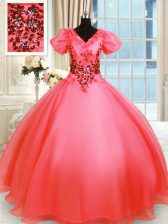Cute Short Sleeves Floor Length Appliques Lace Up Quinceanera Gown with Coral Red