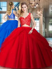 Flirting Red Two Pieces Tulle V-neck Sleeveless Lace and Ruffled Layers Floor Length Zipper Quince Ball Gowns