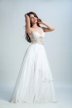Ideal White A-line Lace Prom Gown Zipper Tulle Sleeveless Floor Length