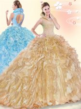 Dynamic Beading and Ruffles Quince Ball Gowns Champagne Backless Sleeveless Brush Train
