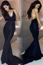  Mermaid Navy Blue Sweetheart Backless Beading and Lace Dress for Prom Sweep Train Sleeveless