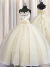  Spaghetti Straps Champagne Sleeveless Floor Length Beading and Ruching Lace Up Quinceanera Gowns