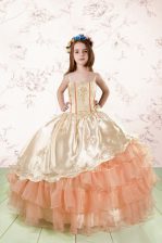 Customized Organza Sleeveless Floor Length Little Girls Pageant Gowns and Embroidery and Ruffled Layers