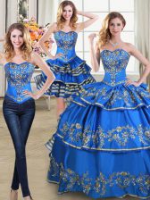  Three Piece Blue Sweetheart Lace Up Beading and Embroidery and Ruffled Layers Quinceanera Gowns Sleeveless