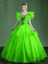 Graceful Ball Gowns Appliques and Ruffles Quince Ball Gowns Lace Up Organza Sleeveless Floor Length