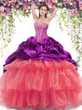 Dynamic With Train Lace Up Quinceanera Gown Multi-color for Military Ball and Sweet 16 and Quinceanera with Beading and Ruffled Layers and Pick Ups Brush Train