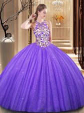 Comfortable Tulle Scoop Sleeveless Backless Embroidery and Sequins Ball Gown Prom Dress in Lavender