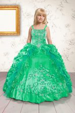  Green Ball Gowns Satin Spaghetti Straps Sleeveless Beading and Appliques and Pick Ups Floor Length Lace Up Kids Pageant Dress