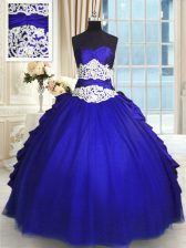  Floor Length Royal Blue Ball Gown Prom Dress Taffeta and Tulle Sleeveless Beading and Lace and Appliques and Ruching and Pick Ups