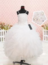 Elegant Sleeveless Organza Floor Length Zipper Flower Girl Dresses for Less in White with Beading and Lace and Ruffles
