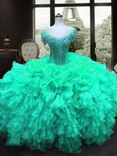 Stylish Turquoise Ball Gowns Beading and Ruffles Quinceanera Gowns Lace Up Organza Cap Sleeves Floor Length