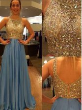 Superior Scoop Sleeveless Dress for Prom With Brush Train Sequins Blue Chiffon