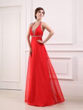 Modern Halter Top Floor Length Zipper Dress for Prom Coral Red for Prom and Party with Beading
