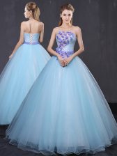 Luxury Floor Length Light Blue 15th Birthday Dress Tulle Sleeveless Appliques and Belt
