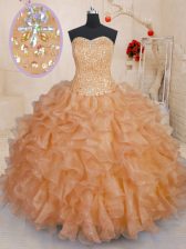 Hot Selling Sleeveless Organza Floor Length Lace Up Quinceanera Dresses in Orange with Beading and Ruffles