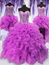 Super Four Piece Fuchsia Quinceanera Gowns Military Ball and Sweet 16 and Quinceanera with Ruffles and Sequins Sweetheart Sleeveless Lace Up
