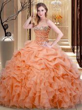  Orange Ball Gowns Organza Sweetheart Sleeveless Beading and Ruffles and Pick Ups Floor Length Lace Up Quince Ball Gowns