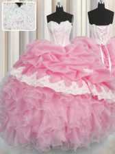 Edgy Rose Pink Sweetheart Lace Up Beading and Appliques and Ruffles and Pick Ups Quinceanera Gown Sleeveless