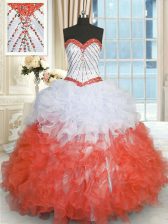  Floor Length White And Red 15 Quinceanera Dress Organza Sleeveless Beading and Ruffles
