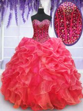  Floor Length Coral Red Quinceanera Gowns Sweetheart Sleeveless Lace Up