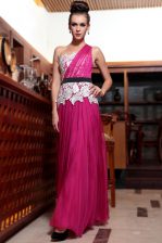  Fuchsia Evening Dress Prom and Party with Beading and Appliques and Ruching One Shoulder Sleeveless Side Zipper