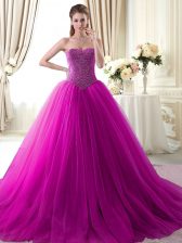 High Class Sweetheart Sleeveless Tulle Quince Ball Gowns Beading Brush Train Lace Up