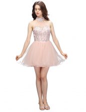 Charming Sleeveless Mini Length Beading Zipper Prom Evening Gown with Baby Pink