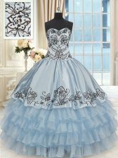 Inexpensive Sleeveless Floor Length Beading and Embroidery and Ruffled Layers Lace Up Vestidos de Quinceanera with Light Blue