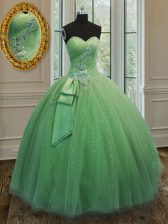 Flare Yellow Green Ball Gowns Beading and Ruching and Bowknot Sweet 16 Quinceanera Dress Lace Up Tulle Sleeveless Floor Length