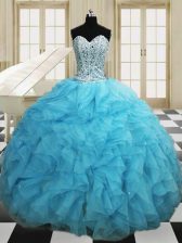 Dramatic Sweetheart Sleeveless Ball Gown Prom Dress Floor Length Beading and Ruffles Baby Blue Organza