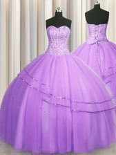  Visible Boning Puffy Skirt Sweetheart Sleeveless Tulle Vestidos de Quinceanera Beading Lace Up
