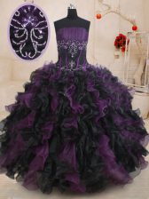 Black And Purple Sleeveless Floor Length Beading and Ruffles Lace Up Sweet 16 Quinceanera Dress