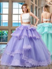 Excellent Straps Floor Length Two Pieces Sleeveless Lavender Quince Ball Gowns Backless