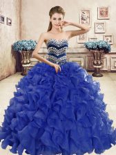  Floor Length Lace Up Quince Ball Gowns Blue for Military Ball and Sweet 16 and Quinceanera with Beading and Ruffles