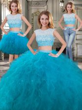 Graceful Three Piece Tulle Scoop Cap Sleeves Backless Beading and Ruffles Quinceanera Gown in Teal