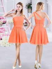 Stunning One Shoulder Orange Sleeveless Mini Length Ruching Zipper Court Dresses for Sweet 16