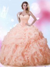  Peach Sleeveless With Train Beading and Ruffles and Pick Ups Lace Up Quinceanera Dresses