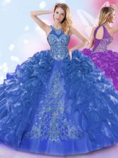 Fitting Halter Top Appliques and Ruffled Layers Vestidos de Quinceanera Royal Blue Lace Up Sleeveless Floor Length