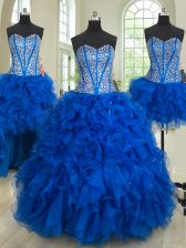  Four Piece Ball Gowns Quinceanera Gown Royal Blue Sweetheart Organza Sleeveless Floor Length Lace Up