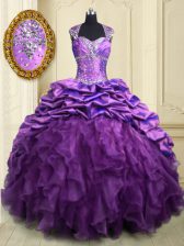 Designer Pick Ups With Train Purple 15 Quinceanera Dress Sweetheart Cap Sleeves Brush Train Lace Up