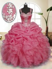 Excellent Straps Sleeveless Organza Quinceanera Dress Beading and Ruffles and Pick Ups Zipper