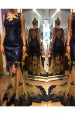  Organza and Sequined Scalloped Sleeveless Brush Train Backless Sequins Prom Gown in Navy Blue