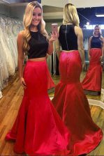 Customized Mermaid Homecoming Dress Red And Black Scoop Satin Sleeveless Floor Length Zipper